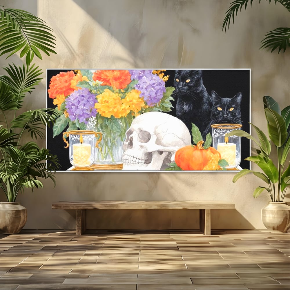 Tablou canvas cu tablou canvas cu pisici negre si craniu, in rama de aluminiu argintiu